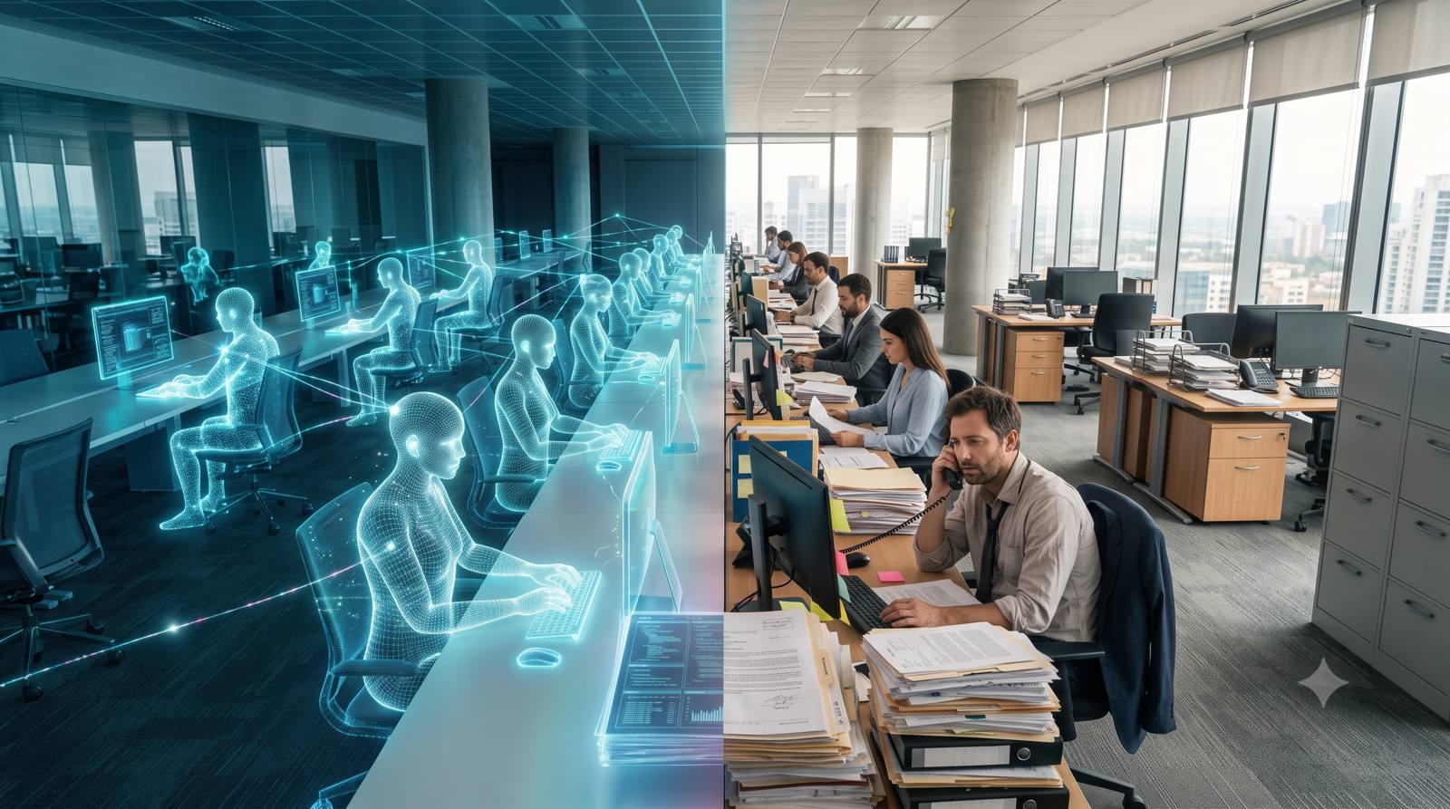 Split scene of one office: a wall of glowing AI figures processing claims on one side, humans buried in paper files and phone calls on the other